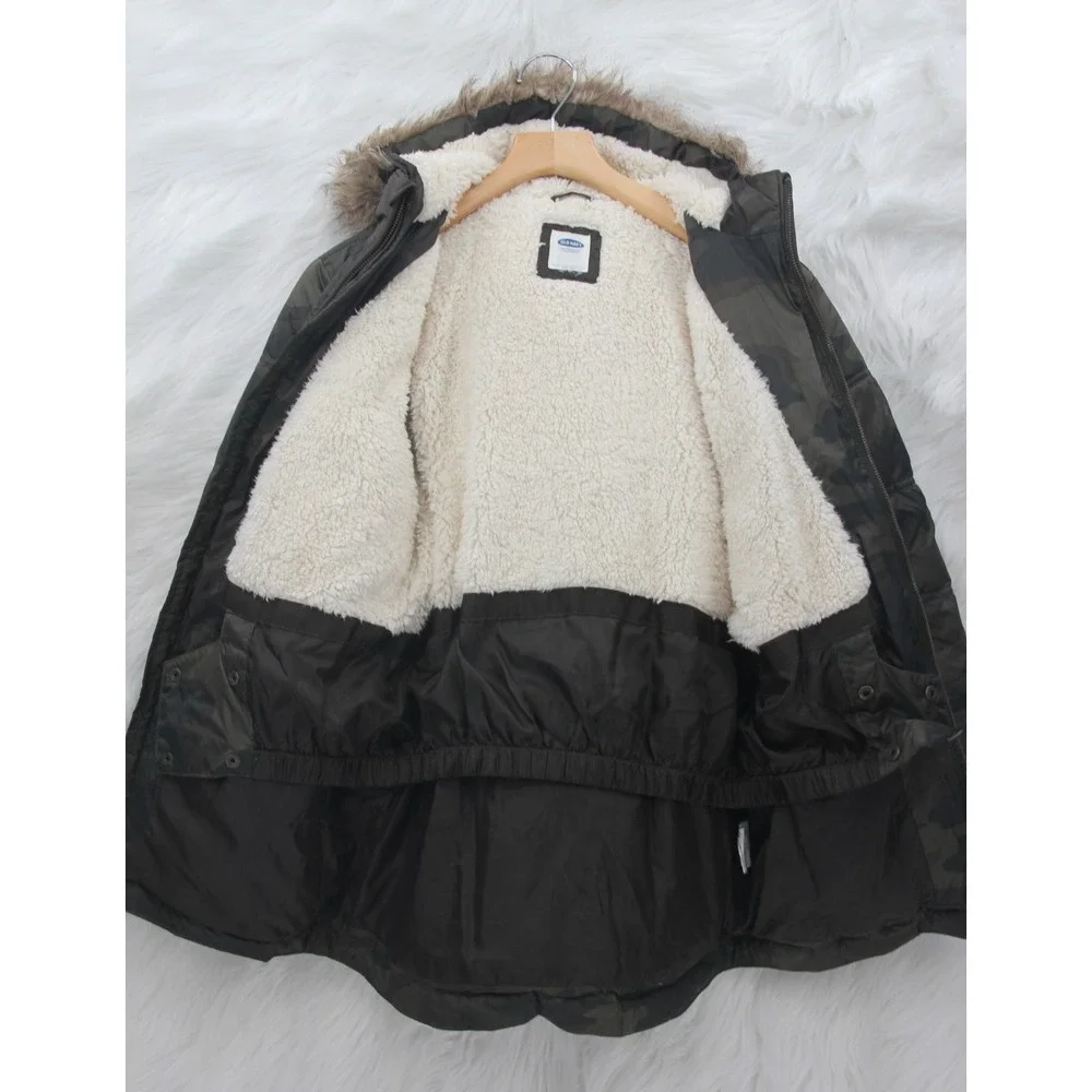 Old Navy Childrens Fur Trimmed Hooded Puffer Jacket L 10-12 Green Camo Boys Coat